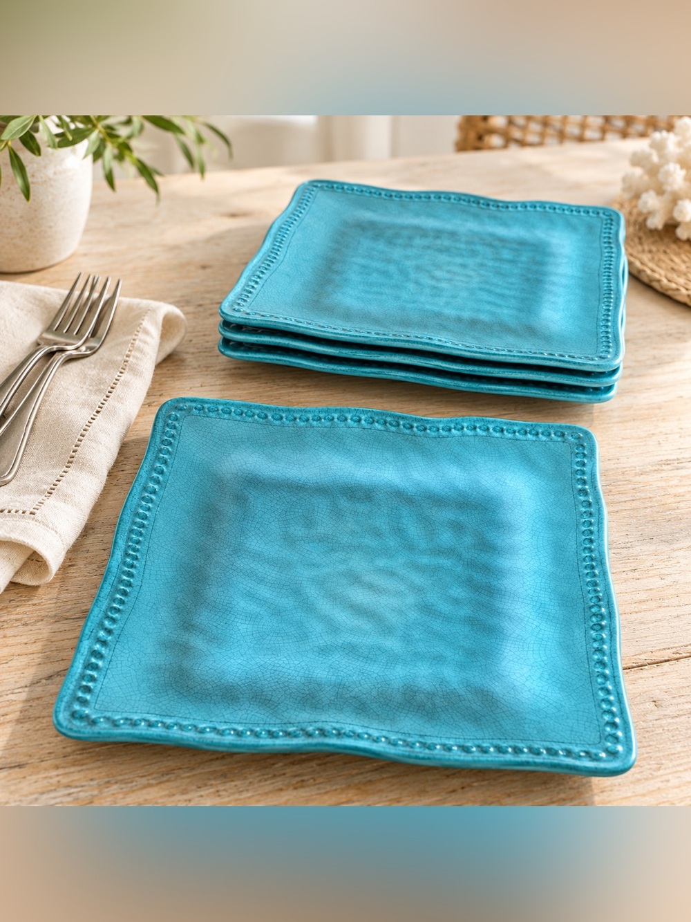 Kim Seybert Living Turquoise Square Melamine Dinner Plates 11” Set of 4